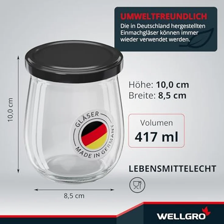 WELLGRO 25x Einmachgläser mit Schraubdeckel, 417ml, Deckel To 82 schwarz, Made in Germany, Vorratsgläser für Lebensmittel, Gärglas und Dessertgläser – Bild 2