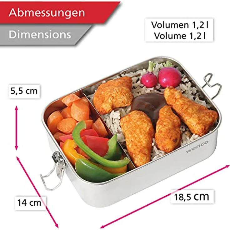 Wenco Premium Lunchbox aus Edelstahl, Mit 2 Fächern, Brotdose mit 1200 ml Fassungsvermögen (1 l Netto-Inhalt), Wasserdicht, Spülmaschinengeeignet, inkl. Ersatz-Silikonring, 18,5 x 14 x 5,5 cm, Silber – Bild 2