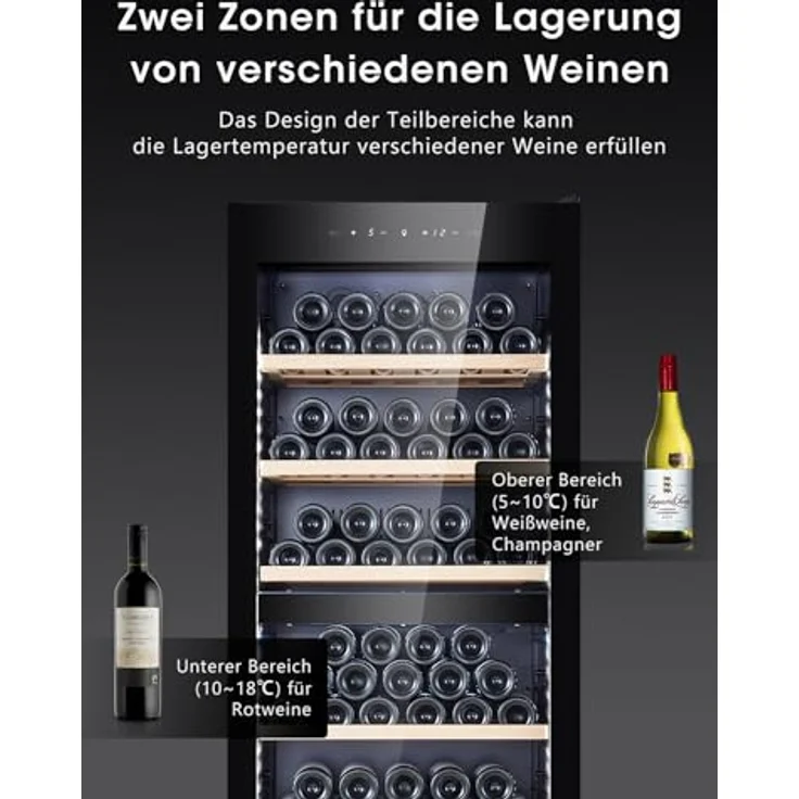 Kalamera KRC-266BFG Weinkühlschrank Upgrade, 84 Flaschen, 266 Liter, 2 Kühlzonen 5-10°C/10-18°C, schwarze Glastür, weiße LED-Beleuchtung – Bild 2