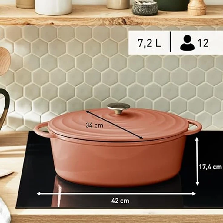 Tefal E26006 LOV Ovaler Bräter 34 cm | wiedergewonnenes Gusseisen | optimale Wärmespeicherung | für alle Herdarten | induktionsgeeignet | backofengeeignet bis 250°C | spülmaschinenfest | Terracotta – Bild 4