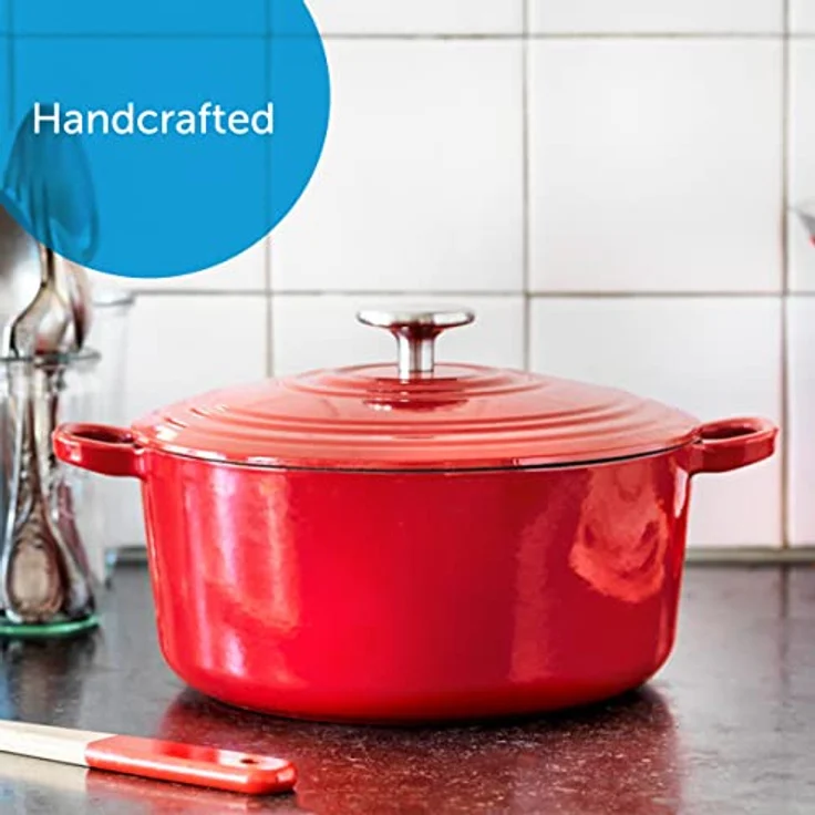 BK Cookware Deutsches Emaille-Gusseisen, 24 cm/4,2 Liter Schmortopf Auflaufform mit Deckel, Dutch Oven, Bräter, Feuertopf, Induktion, Spülmaschinenfest, Backofenfest bis zu 220°C, Chili Rot – Bild 5