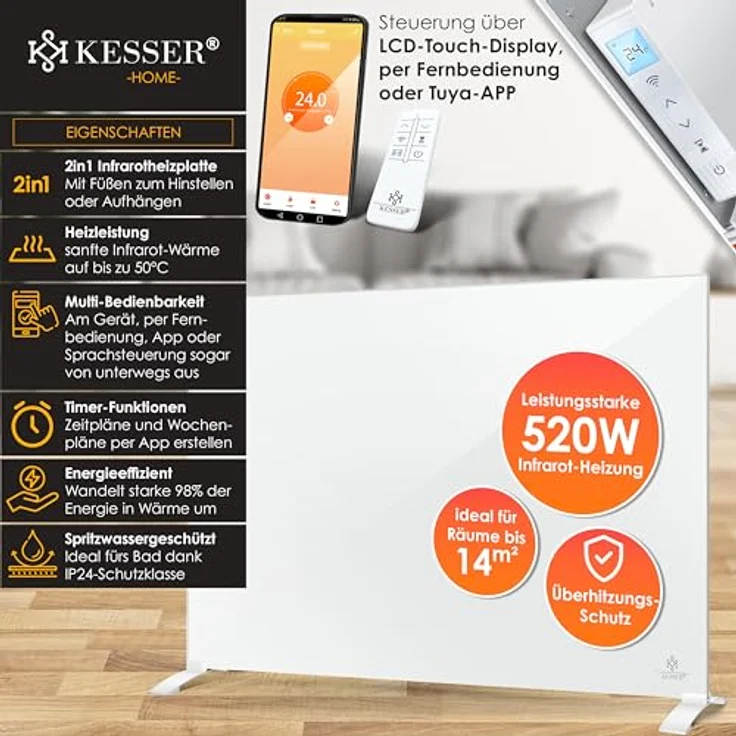 KESSER® Infrarotheizung 520W Aluminiumheizung 2in1 Standgerät & Wandmontage mit Fenstererkennung & App-Steuerung - Thermostat Infrarot Heizpaneel in Silber – Bild 2