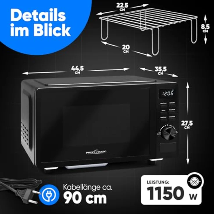 ProfiCook Mikrowelle mit Grill 20L ohne Drehteller, schwarz mit Timer + Auftaufunktion 1150W - PC MWG 1278 – Bild 7