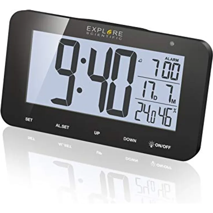 Explore Scientific RDC1004 Funk-Tischuhr mit Alarm, Snooze, Innentemperatur- und Luftfeuchtigkeitsanzeige, schwarz