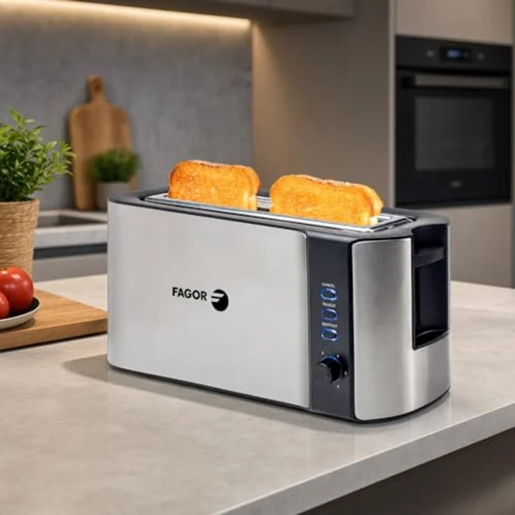 Fagor BigToast Steel Toaster, 1000 W mit breitem Schlitz für 2 große Toasts, Edelstahl, 6 Bräunungsstufen, Auftaufunktion, Krümelschublade – Bild 3