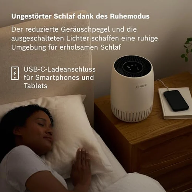 Bosch Air 1000, Luftreiniger für Räume bis 23 m² mit 3-in-1 Luftfilter, Automatikmodus, Ruhemodus (< 25 dB(A)), CADR: 100 m³/h, USB-C-Lademöglichkeit – Bild 3