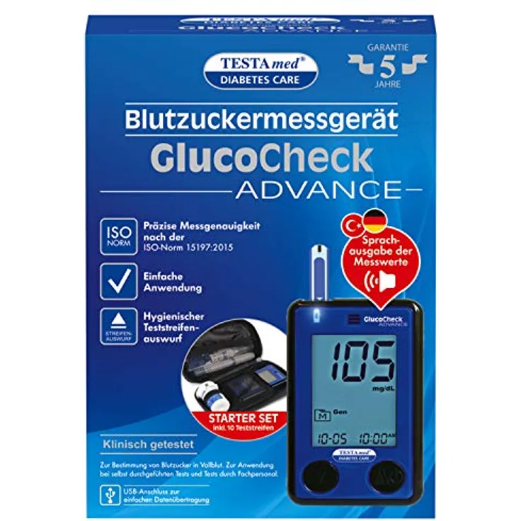 Sebamed TESTAmed Glucocheck Advance Blutzuckermessgerät, Einfach, Schnell Und Sicher Blutzucker Messen, Optionale Sprachausgabe, Geringe Folgekosten