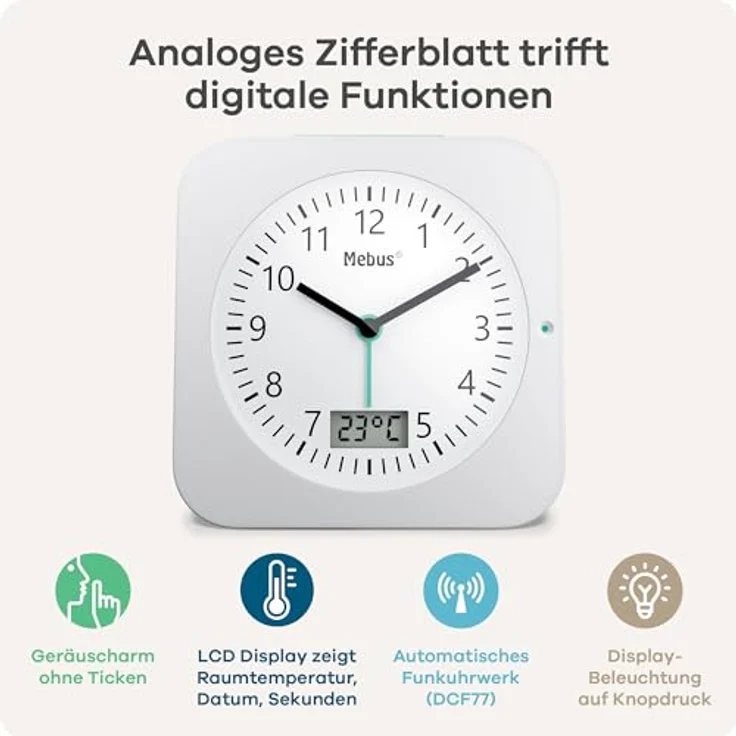 MEBUS Funk-Wecker Modell 25610 L, mit Temperaturanzeige, Datum, Batteriebetrieben, Schlummer-Funktion, großes beleuchtetes Display, Farbe: Weiss, Reisegröße – Bild 3