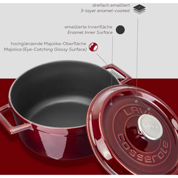 LAVA Gusseisentopf mit Deckel, emailliert, Ø 24 cm, 4,49 Liter, Rot, backofengeeignet, spülmaschinengeeignet, energiesparend – Bild 6
