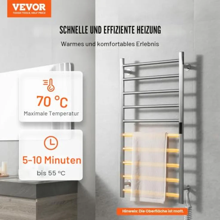 VEVOR Handtuchtrockner Heizkörper, 10 Stangen Handtuchwärmer mit Timer und LED-Anzeige, 5 Temperaturstufen, wasserdicht, Wandmontage, Silber – Bild 2