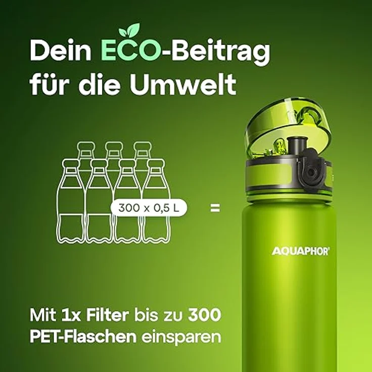 AQUAPHOR City Filterflasche 500ml Grün I Flasche mit Wasserfilter für unterwegs I Filter mit Aktivkohle I Filtert Chlor I Aus Tritan & BPA-frei I Für besseren Geschmack & Geruch des Wassers – Bild 5