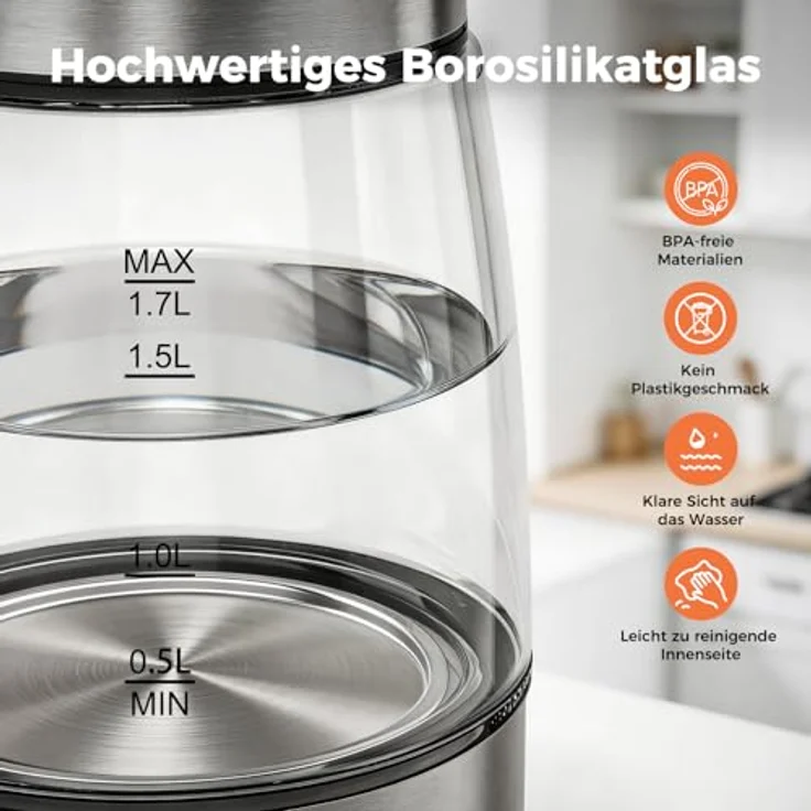 YASHE Wasserkocher Glas 1,7L, 2200W mit blauem LED-Licht und Sicherheitsfunktionen, Schwarz – Bild 4