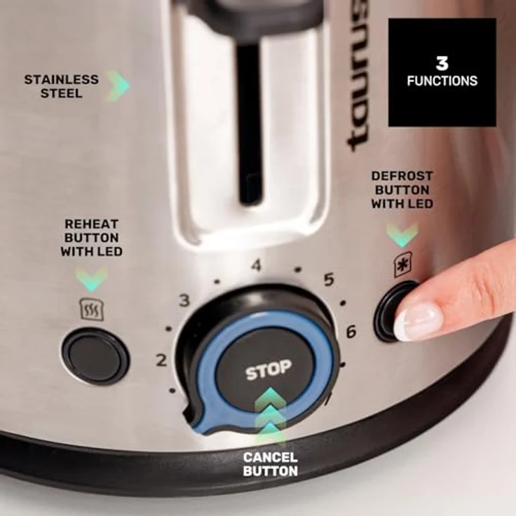Taurus Mytoast Duplo Legend, Toaster für 4 Scheiben mit 1500 W, Edelstahl, Auftaufunktion, Brötchenaufsatz – Bild 5