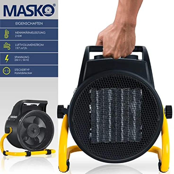 Masko® Elektroheizer Heizlüfter Bauheizer 2KW Keramik Heizstrahler 2000 Watt Elektroheizgebläse elektrisch Heizgerät mit Thermostat mit 3 Heizstufen Elektroheizung Heizgebläse für Innen- Außeneinsatz – Bild 2