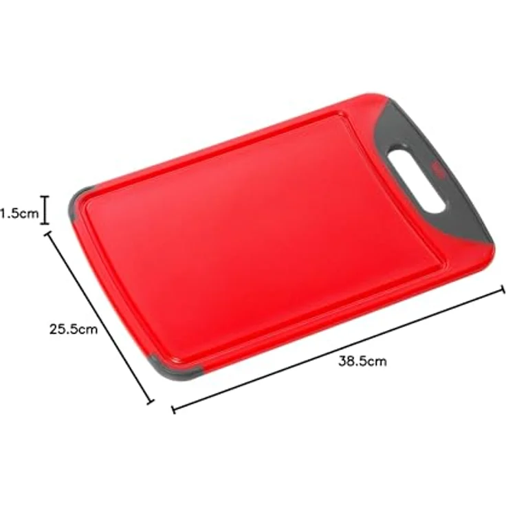 Silit Schneidebrett 38 x 25 cm rechteckig, Kunststoff, Tranchierbrett mit Saftrillen, praktischer Griff, spülmaschinengeeignet, klingenschonend, rot – Bild 5