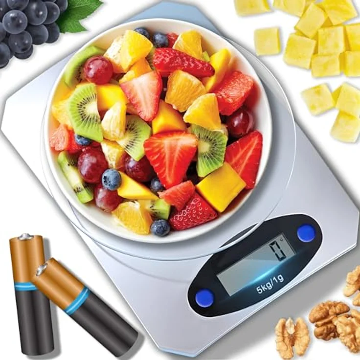 Retoo Digitale Küchenwaage bis zu 5 kg Tragkraft mit leicht ablesbarer LCD-Anzeige, Digitalwaage mit Zuwiegefunktion, Haushaltswaage mit Tara, Feinwaage, Grammwaage, Essenswaage, Silber – Bild 1