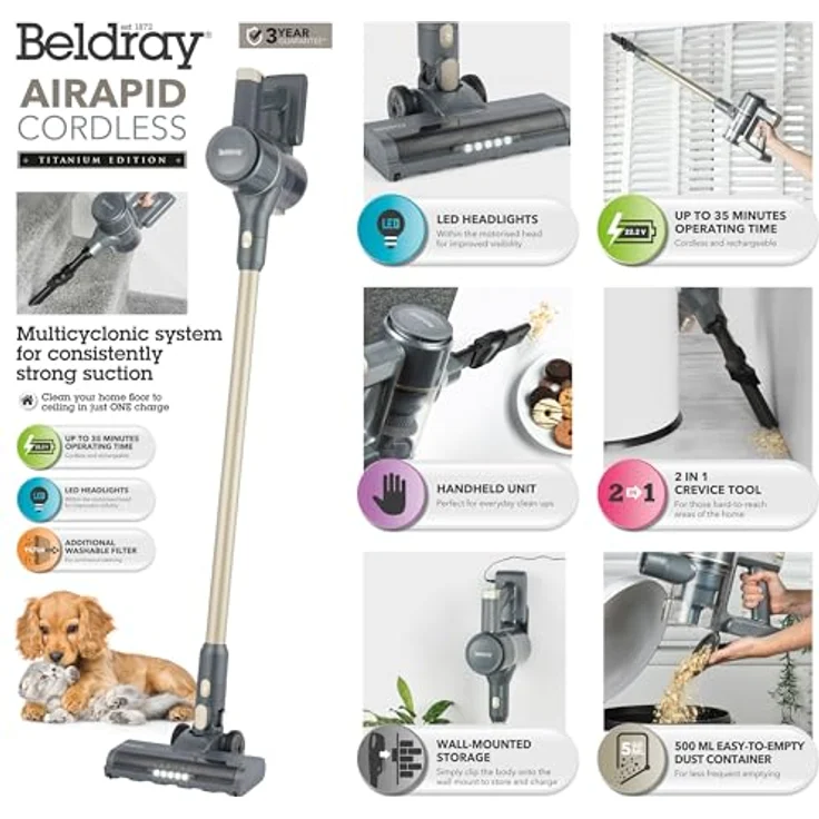 Beldray BEL01843VDE Airapid Akkustaubsauger – 500 ml Staubbehälter, Umwandelbar in Handstaubsauger, Elektrische LED-Bodenbürste, Inklusive Wandhalterung, Ersatz-HEPA Filter & 2-In-1 Fugenbürste, 22.2V – Bild 2