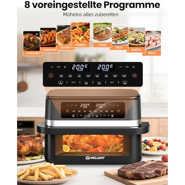 WELLENT 12L Dual Zone Airfryer XXL - 2950W Heißluftfritteuse mit 2 Kammern (6+6L), Sichtfenster, Match & Sync-Funktion, spülmaschinenfest – Bild 5