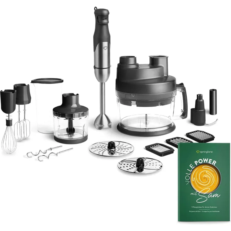 Springlane Stabmixer Set Sam aus Edelstahl, 800,00 W, inkl. Pürierstab, Zerkleinerer, Schneebesen, Rühr- & Knethaken, inkl. Küchenmaschine
