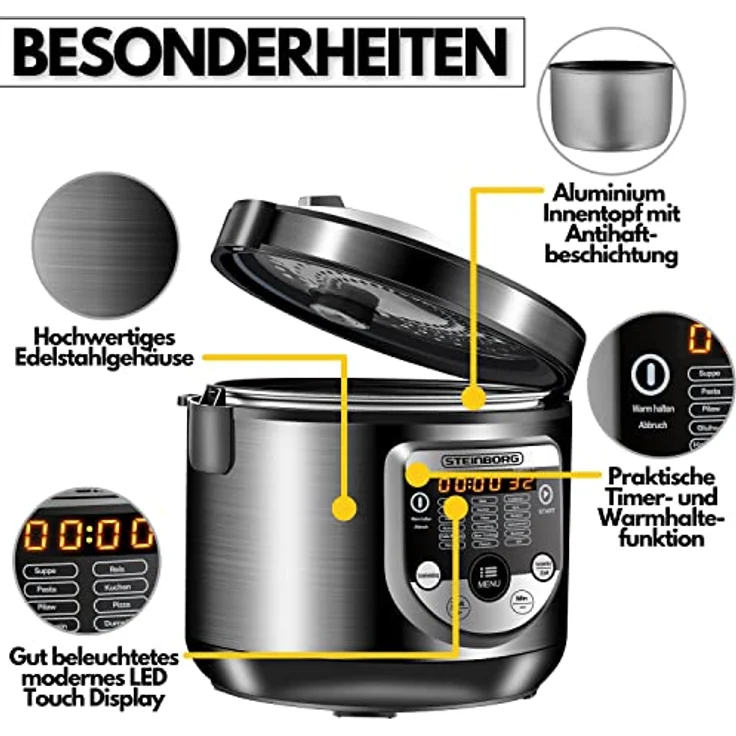 18in1 Multikocher Schongarer | 900 Watt | 5 Liter | Reiskocher | Dampfgarer | Speisewärmer | Sautierpfanne | Joghurtbereiter | Multi Kocher | Schnellkochtopf | Heißgarer | Garer – Bild 3