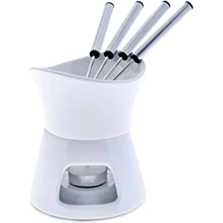 Swissmar F66322 Glow Schokoladen Fondue Set 7-teiliges, Keramik/Edelstahl, Weiß, 280ml, Schokofondue, Teelicht beheizt/mikrowellen- und ofenfest, Spülmaschinenfest, Geschenkset