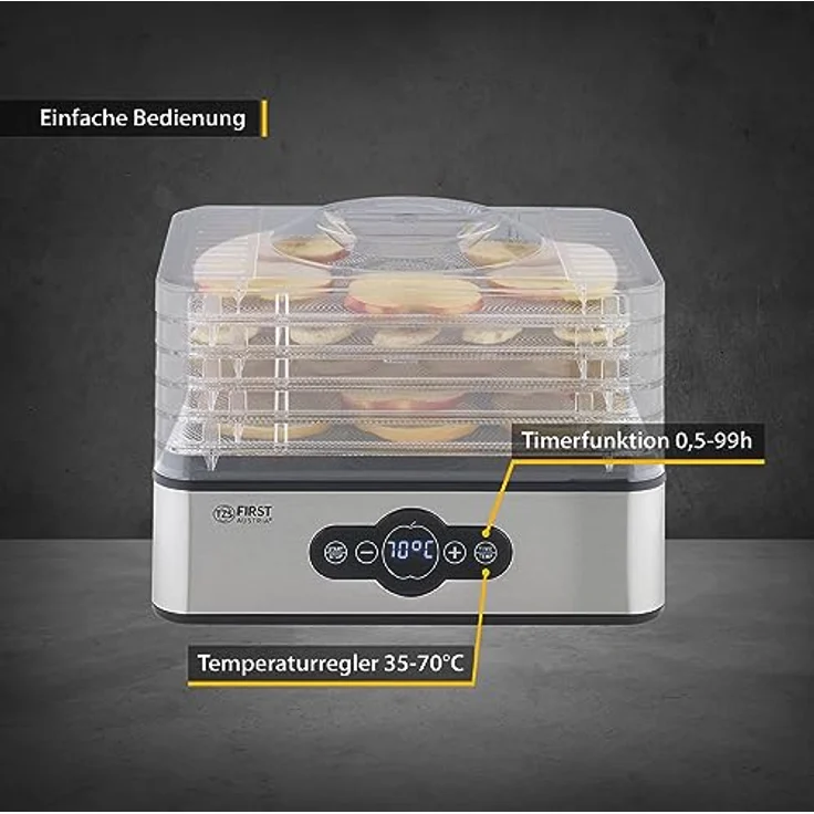TZS First Austria Dörrautomat | Dörrgerät für Obst, Kräuter, Pilze & Fleisch | digital mit Timer & Temperaturregler 35-70°C | 5 Etagen, Einlageböden aus Edelstahl, Dörrapparat mit Zeitschaltuhr – Bild 4