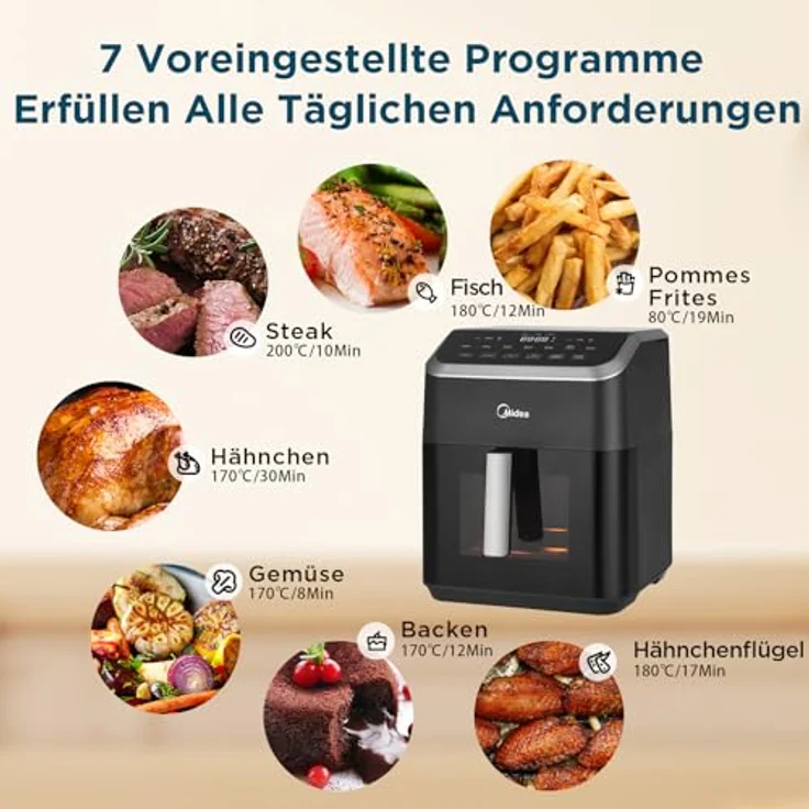 Midea Heißluftfritteuse 7L, Airfryer mit Sichtfenster & Licht, 7 Programme, HeatXpress Technologie, 90% weniger Öl, Antihaft, Schwarz – Bild 4