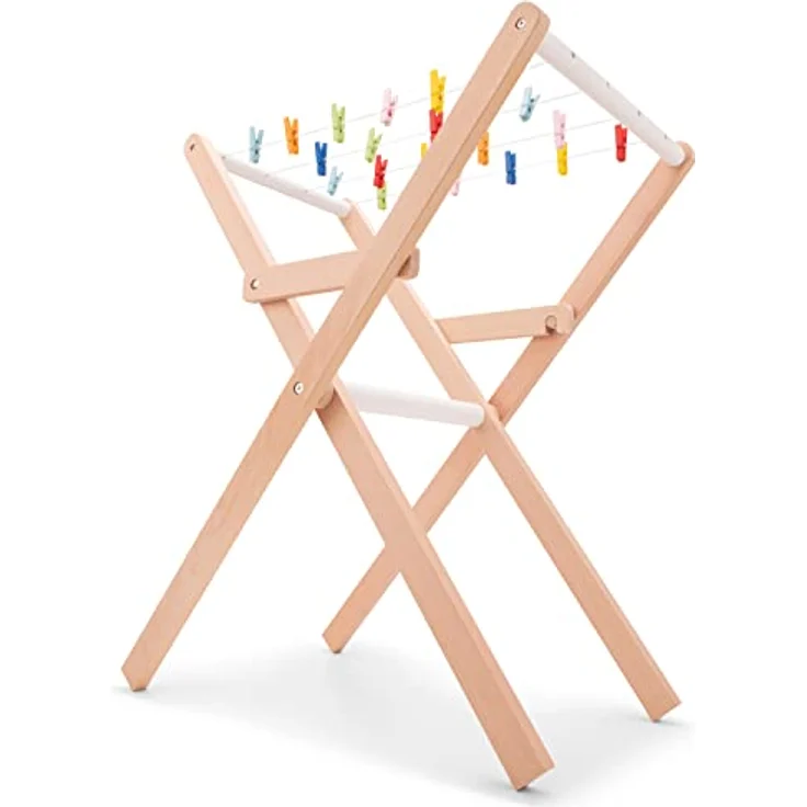 New Classic Toys Holz Spielzeug Wäscheständer mit 21 bunten Klammern und 4 Leinen, zusammenklappbar, fördert Feinmotorik und Fantasie – Bild 3