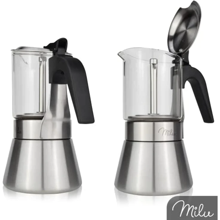 Milu Espressokocher Induktion geeignet | Edelstahl Glas Mokkakanne, Espressokanne, Espresso Maker Set inkl. Untersetzer, Löffel, Bürste 200ml – Bild 4