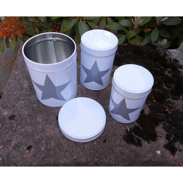 Deko-Impression Dosen-Set Vorratsdosen STAR, 3 Stück in 3 Größen (12-15 cm), weiß mit grauem Aufdruck