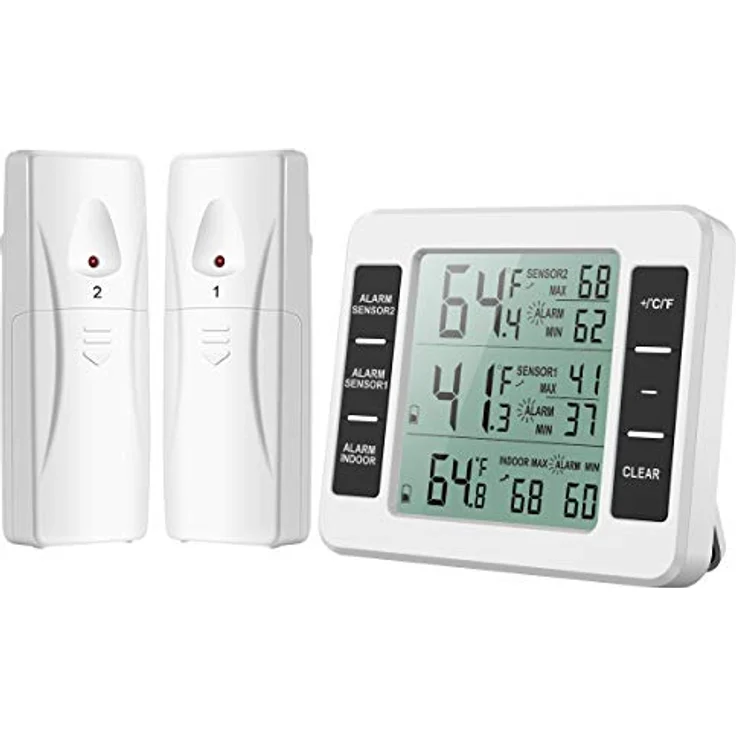 Brifit Kühlschrank Thermometer, Digitales Gefrierschrank Thermometer mit 2 Sensoren, Temperaturalarm, MIN/MAX, Temperaturtrendanzeige, großes LCD-Display – Bild 1