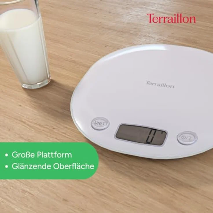 Terraillon Küchenwaage, Mit Tara-Funktion, Flüssigkeitsanzeige, Griffaussparung, Bis 5 kg, Macaron, Weiß – Bild 4