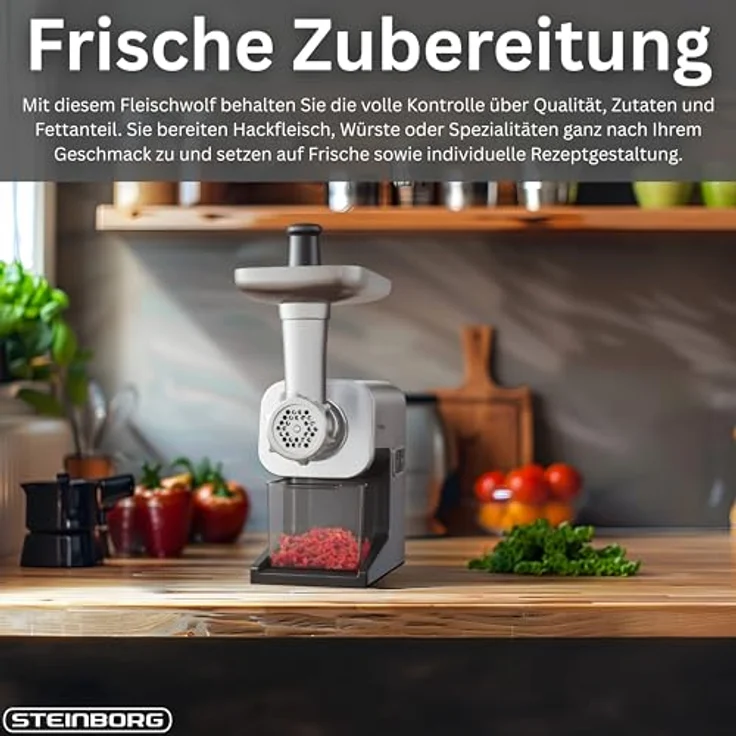 STEINBORG Fleischwolf SB-7080, elektrischer Fleischwolf mit 2000W Leistung, Edelstahl-Komponenten, 2 Geschwindigkeitsstufen, Zubehör inklusive Wurst- und Kebbe-Aufsatz – Bild 9
