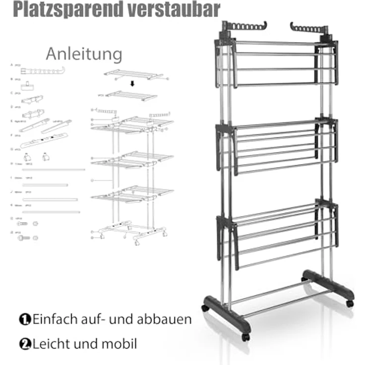 BigDean Wäscheständer Turm 16m Trockenlänge mit 3 Ebenen und 4 Rollen in Grau - Platzsparend und vielseitig einsetzbar – Bild 5