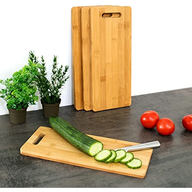 Relaxdays Schneidebrett Bambus mit Griff H x B x T: ca. 1,5 x 35 x 15 cm Küchenbretter im 4er Set auch als Frühstücksbrettchen und Servierbrett aus Holz beidseitig nutzbar messerschonend robust, natur – Bild 3