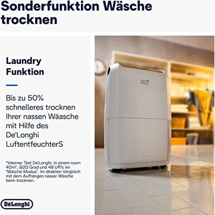 De'Longhi DDSX220 Luftentfeuchter AriaDry Raumluftentfeuchter 436 W, 20 Liter, 44 Decibel, Kunststoff, Weiß – Bild 4