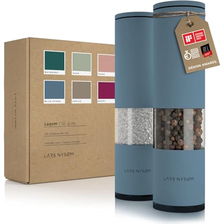LARS NYSØM Salz und Pfeffer Mühle 2er Set Manuell mit einstellbarem Keramik-Mahlwerk von grob bis fein I Design Gewürzmühlenset (2 Stück) (Blue Stone) – Bild 1