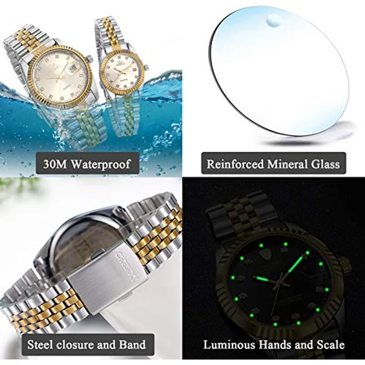 JewelryWe 2pcs Paar Uhr Analog Quarz mit Gold Strass Zifferblatt, 30M wasserdicht, Edelstahlarmband für Herren und Damen – Bild 4