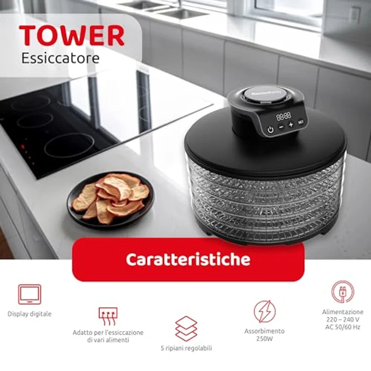 Melchioni Family Digitaler Dörrautomat TOWER, 5 verstellbare Etagen, 250 W für Obst, Gemüse und Pilze, Digitales Display – Bild 2