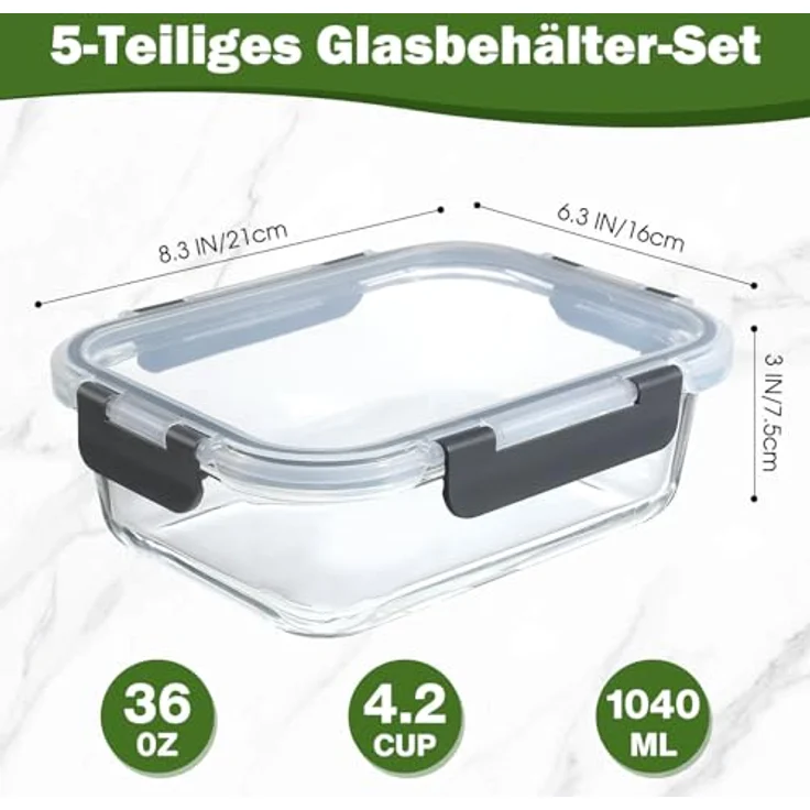 YASHE 5er Set Glasbehälter mit Deckel, 1040ml, Stapelbar & Luftdicht, BPA-frei, Spülmaschinenfest, Mikrowellen- und Gefrierschrankgeeignet – Bild 2