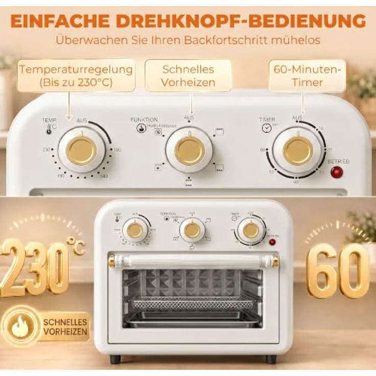HOMCOM Minibackofen Heißluftfritteuse 2-in-1 mit 12 l und 1200 W, cremeweiß-gold, mit Backblech und Frittierkorb – Bild 5
