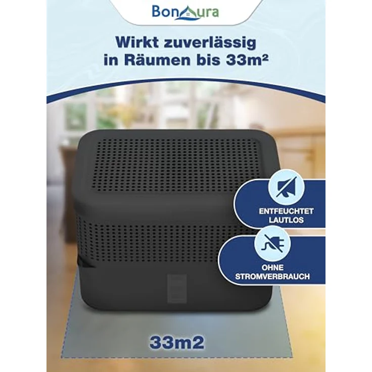BonAura® AirOne Max, Luftentfeuchter ohne Strom für Räume bis 33m², 360° Belüftung, integriertem Ausgießer & 980g Granulat, Schimmel- und Geruchsschutz – Bild 5