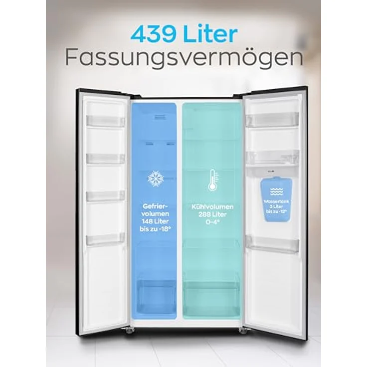 Heinrich´s Side-by-Side Kühlschrank, Kühlgefrierkombination mit 439L Mega Gesamtvolumen, NO-FROST, 151L Gefriervolumen, inkl. Wasserspender, LED Beleuchtung,Touch, Multi-Airflow-System, Schwarz-Inox – Bild 4