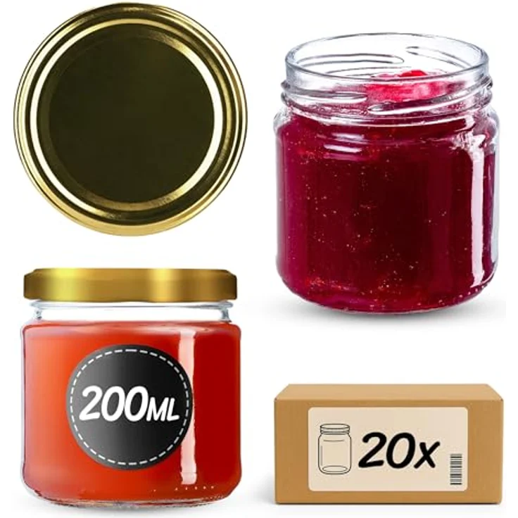 KADAX 20er Set Einmachgläser 200ml TO66, luftdichte Marmeladengläser mit Schraubdeckel, spülmaschinenfest und dickwandig, ideal für Honig und Desserts – Bild 1