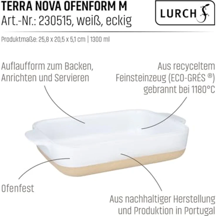Lurch Terra Nova Ofenform M, Keramik 29,8x20,7x5,1cm, weiß/creme, Temperaturbeständig bis 250°C, leicht zu reinigen, 1300 ml Volumen – Bild 3