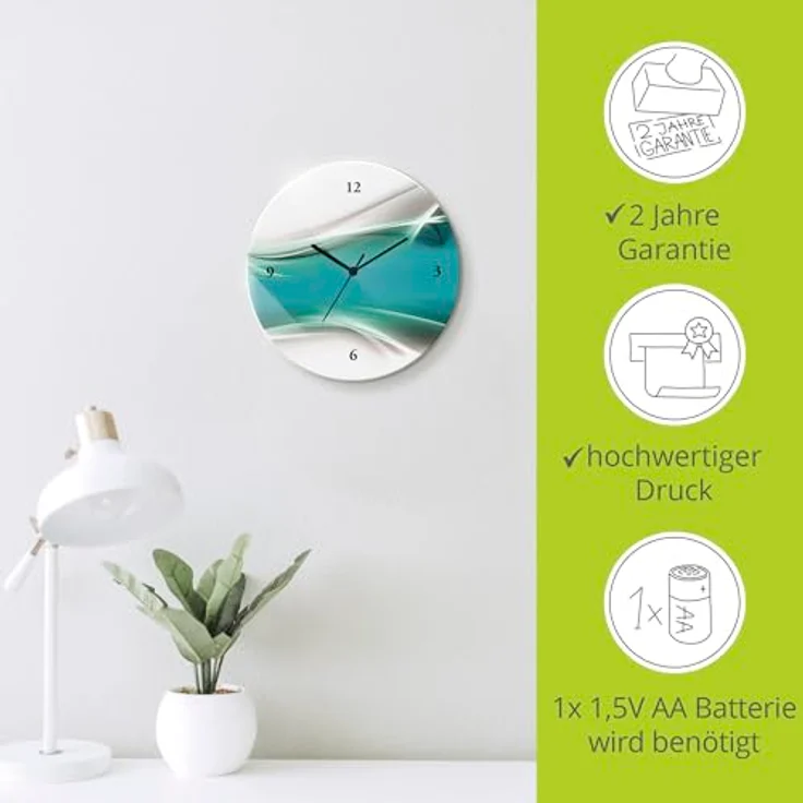 ARTLAND Wanduhr ohne Tickgeräusche Glas Quarzuhr Ø 30 cm Rund Lautlos Kreatives Element Petrol – Bild 3