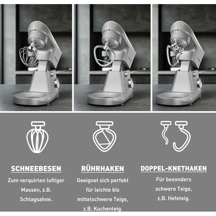 Heinrich´s HKM 8077 Küchenmaschine, Knetmaschine mit 1500W, 10 Geschwindigkeitsstufen, 6L Edelstahlschüssel, geräuscharm, silber – Bild 5