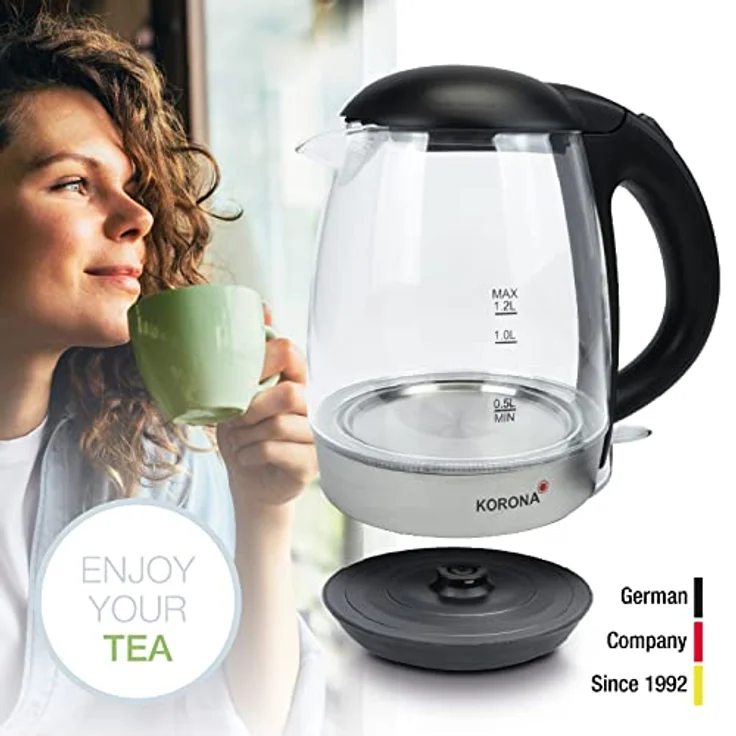 Korona 20608 Glas-Wasserkocher, 2200 Watt, 1,2 Liter, LED-Beleuchtung, verdecktes Heizelement, Kalkfilter, silber, schwarz – Bild 3