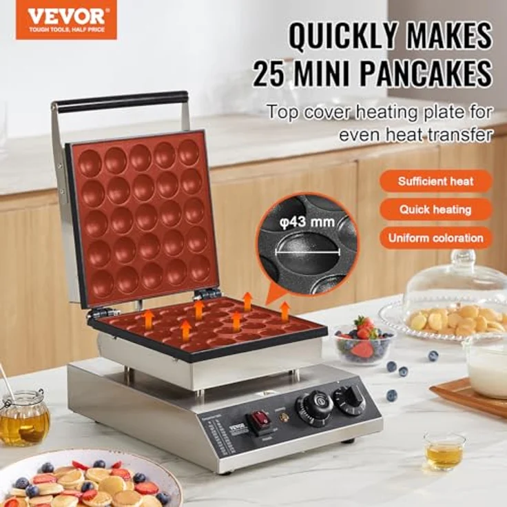 VEVOR Mini-Pfannkuchenmaker, kommerzielle Dutch Mini Pfannkuchen Maschine, 25 Stück, 43 mm Durchmesser, 1700 W mit präziser Temperatur- und Zeitregelung für Küchen, Cafés und Restaurants – Bild 2