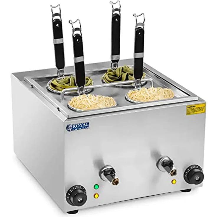 Royal Catering RCNK-4 Nudelkocher Pastakocher Elektrisch Gastro (2 x 4 L, 4 Körbe, 2 x 1500 W, 230 V, 30-110 °C, Ablasshahn, Edelstahl)